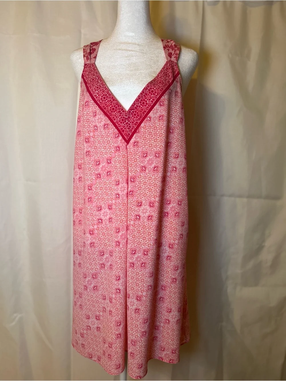 Oscar de la Renta Pink Geometric & Floral V-Neck Slip Dress